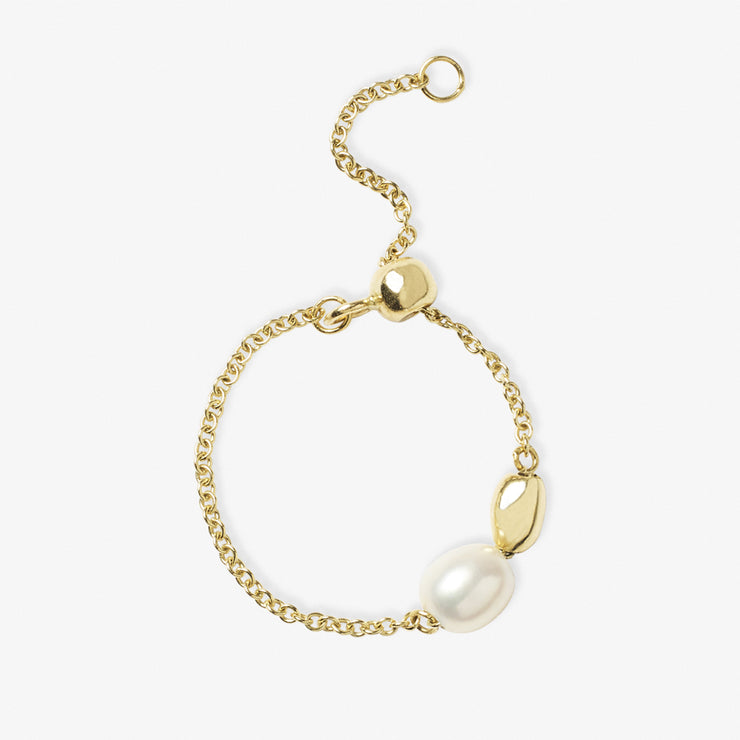 VIANNA - 18ct gold, single pearl and gold bead chain ring
