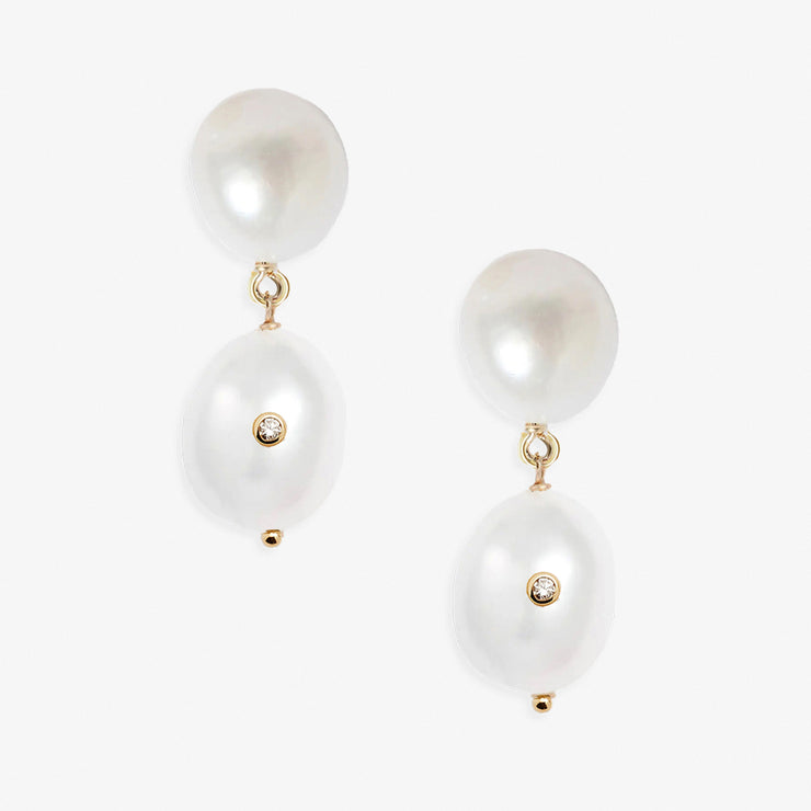 Poppy Finch 14ct yellow gold duo oval pearl diamond earrings (pair)