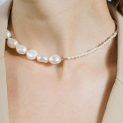 Poppy Finch 14ct yellow gold half big half small pearl necklace