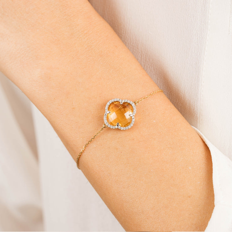 Morganne Bello 18ct yellow gold clover diamond bezel citrine chain bracelet