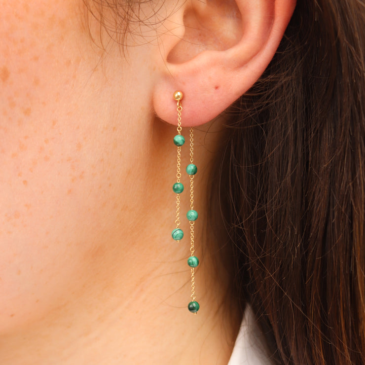 BOBA - 18ct gold, Malachite bead and chain double earring (pair)