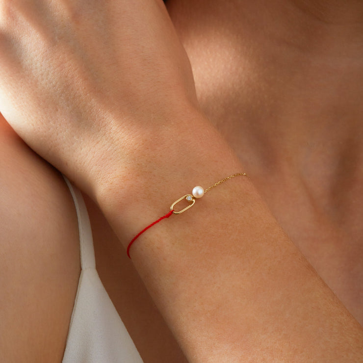 Ruifier 18ct yellow gold Astra Moonlight pearl and diamond red cord and chain bracelet