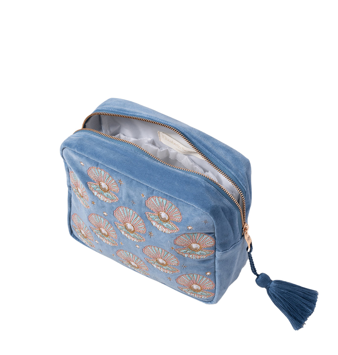 【Elizabeth Scarlett】Pearl Shell Dusky Blue Velvet Wash Bag ELIZABETH SCARLETT PEARL SHELL WASH BAG DUSKY BLUE – The