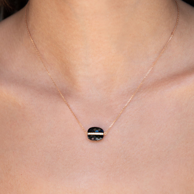 Morganne Bello 18ct rose gold cushion diamond black onyx necklace