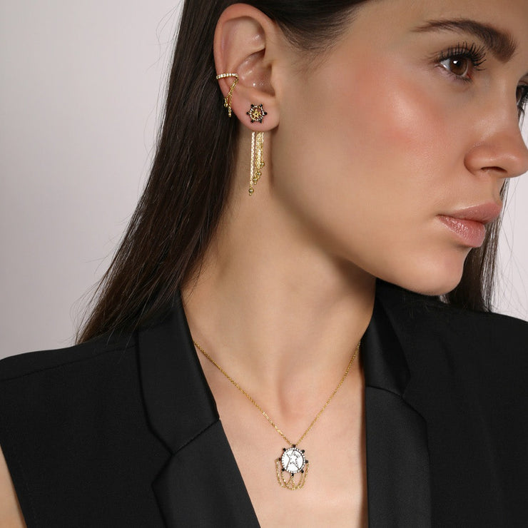 Meher 18ct yellow gold supernova black and white diamond star chain drop earrings (pair)