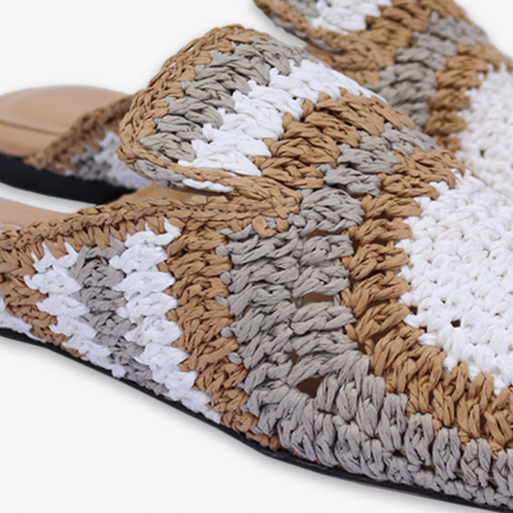 Auric - Grey, White & Beige, Woven raffia leather slippers