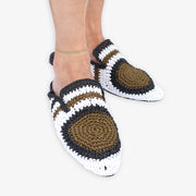 Auric - Khaki, Black & White, Woven raffia leather slippers