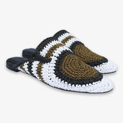 Auric - Khaki, Black & White, Woven raffia leather slippers