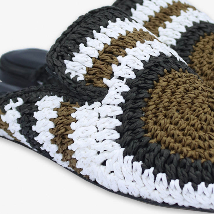 Auric - Khaki, Black & White, Woven raffia leather slippers