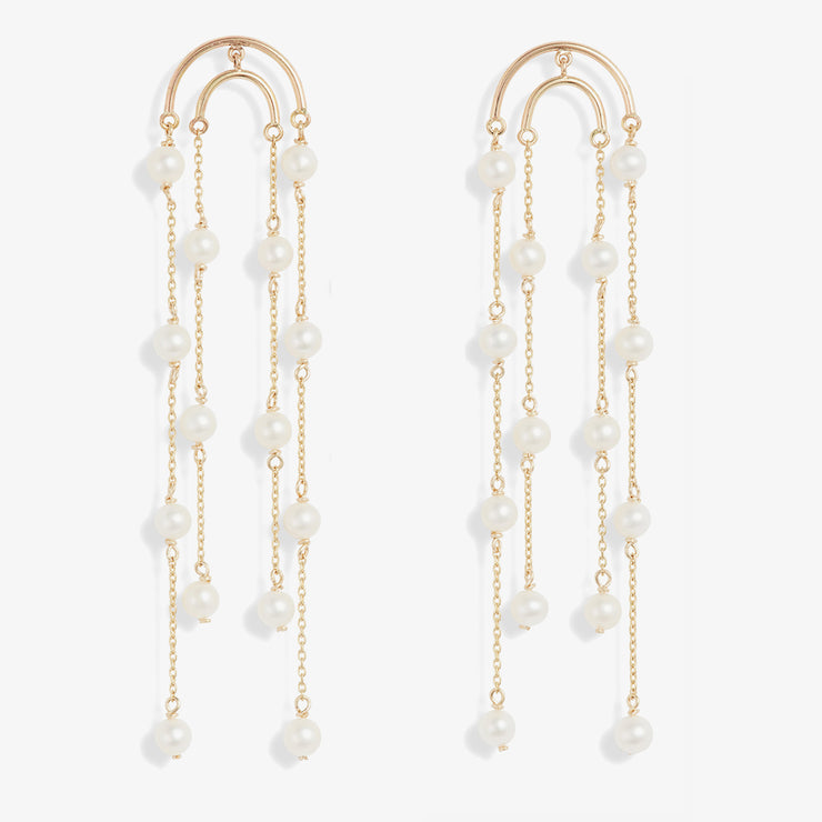 Poppy Finch 14ct yellow gold and double crescent pearl drop earrings (pair)