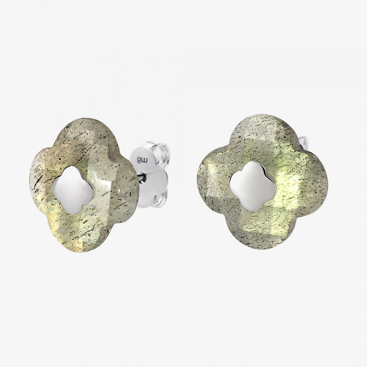 Morganne Bello 18ct white gold Victoria clover labradorite onyx studs (pair)
