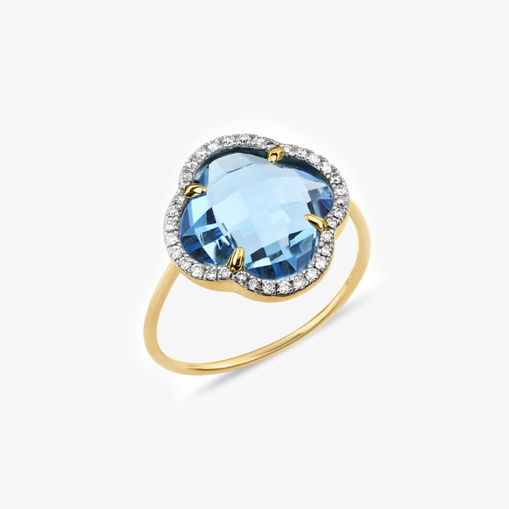 Morganne Bello 18ct yellow gold diamond blue topaz ring