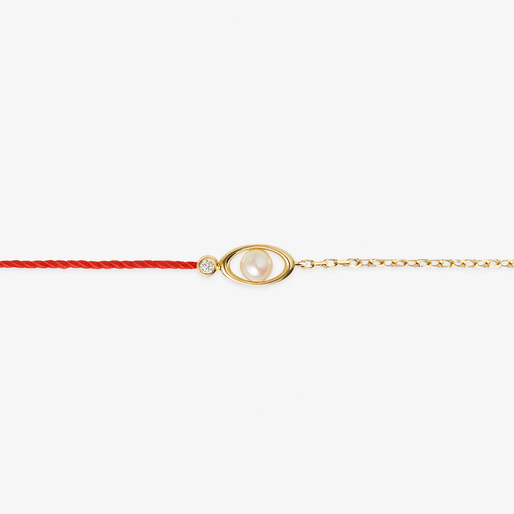 Ruifier 18ct yellow gold Morning Dew Akoya pearl and diamond red thread and chain bracelet