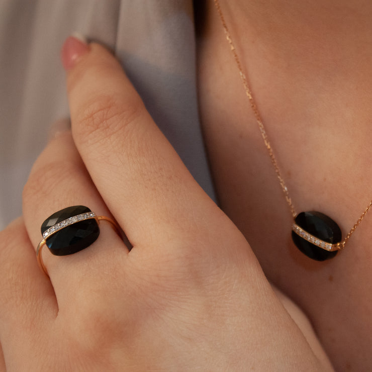 Morganne Bello 18ct rose gold cushion diamond black onyx ring