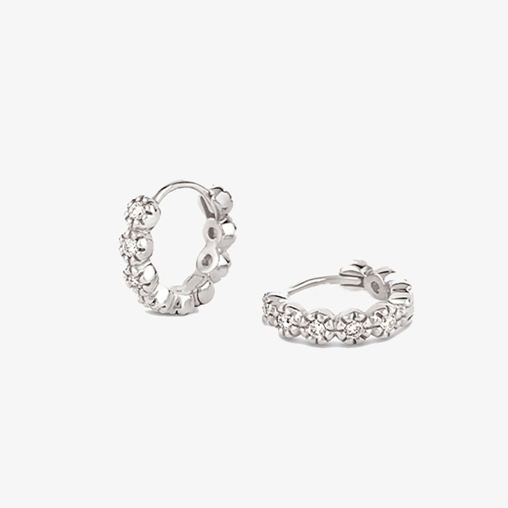 Dinny Hall 14ct white gold forget me not diamond huggie hoop earrings (pair)