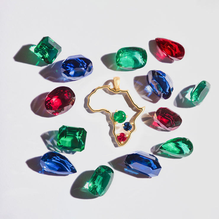 Jewel of Africa x Gemfields 18ct gold, ruby, sapphire and emerald pendant