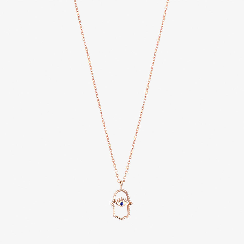 Kismet by Milka 14ct rose gold open hamsa sapphire eye necklace The Alkemistry