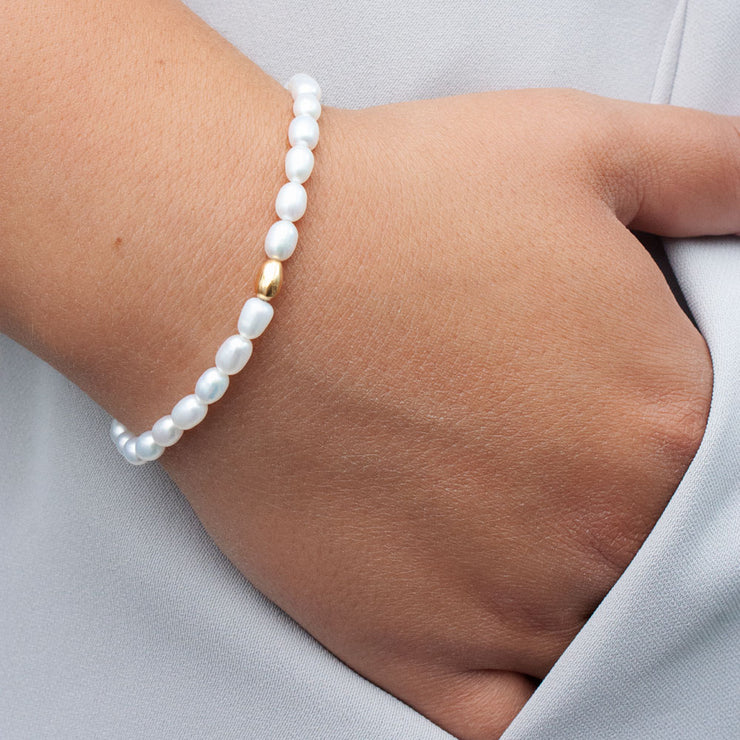 VIANNA - 18ct gold, large white pearl and gold bead bracelet