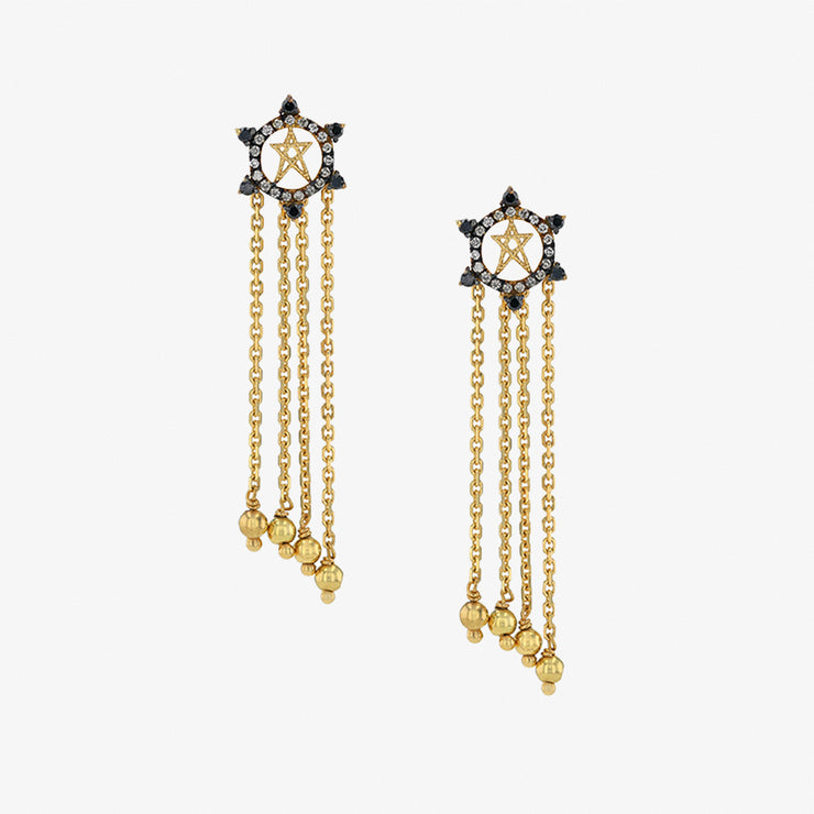 Meher 18ct yellow gold supernova black and white diamond star chain drop earrings (pair)
