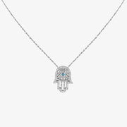 Meher 18ct white gold diamond and turquoise hamsa necklace