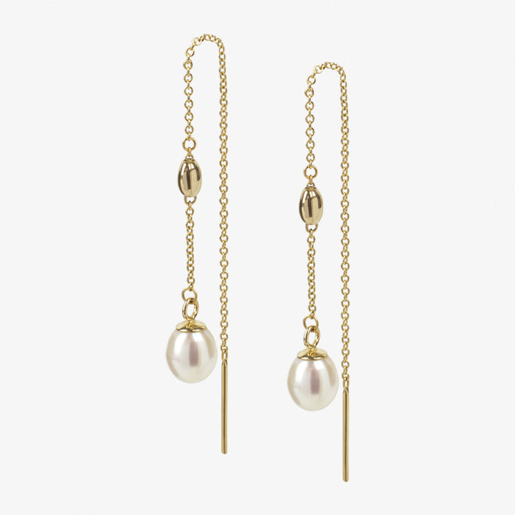 VIANNA - 18ct gold, white pearl and gold bead threader earrings (pair)