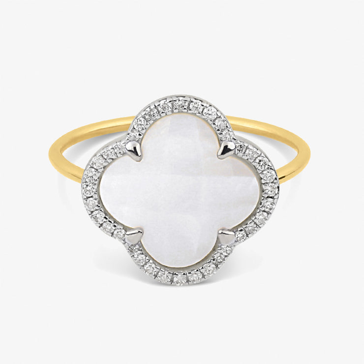 Morganne Bello 18ct yellow gold and diamond clover mother of pearl corset ring