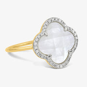 Morganne Bello 18ct yellow gold and diamond clover mother of pearl corset ring