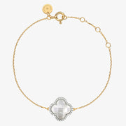 Morganne Bello 18ct yellow gold clover diamond bezel mother of pearl chain bracelet